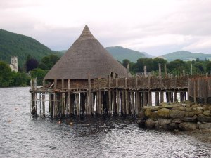 A reconstructed crannog on Loch Tay. Photo taken by Christine Westerback on July 25, 2002.